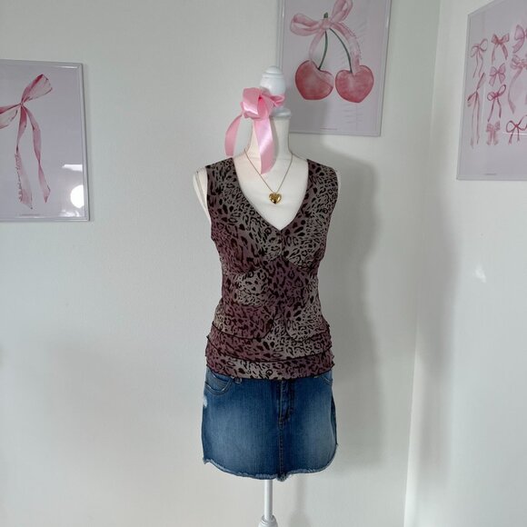 Vintage Y2k I.N. Studio Cheetah Animal Print Babydoll Ruffle Cami‎ Top Womens M - Picture 1 of 6